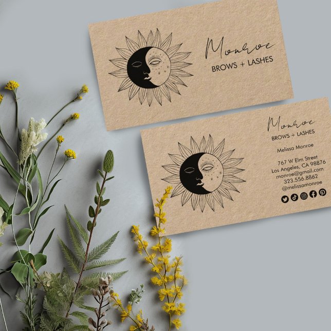 Sun & Moon Boho Line Art Elegant KRAFT Social Icon Business Card (Boho drawing of moon and sun decorate these custom business cards with social icons. Fully editable)