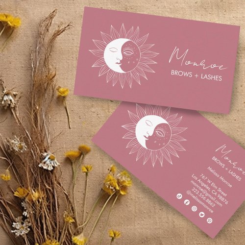 Sun  Moon Boho Line Art Elegant Mauve Social Icon Business Card
