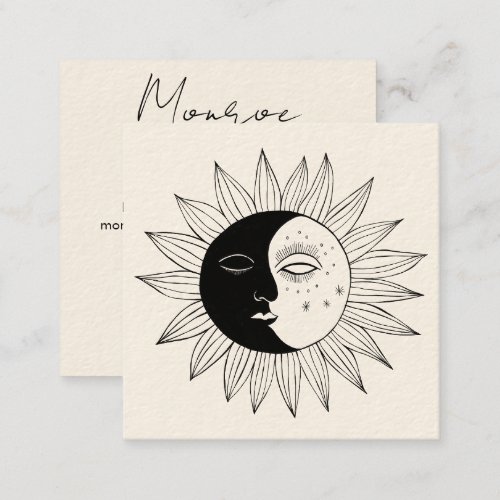 Sun  Moon Boho Line Art Elegant QR Code Cream Square Business Card