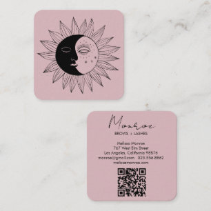 Sun & Moon Boho Line Art Elegant QR Code Pink Square Business Card