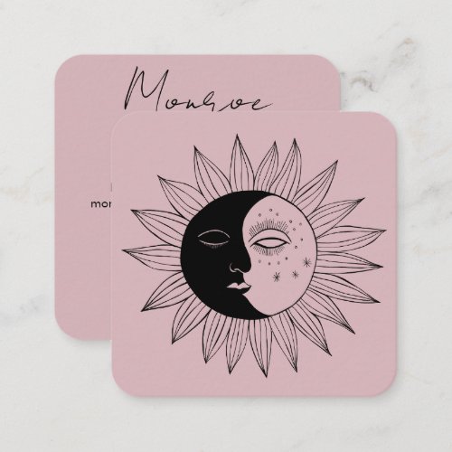 Sun  Moon Boho Line Art Elegant QR Code Pink Square Business Card