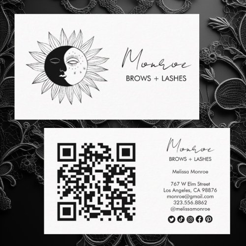 Sun  Moon Boho Line Art Elegant QR Social Icons Business Card