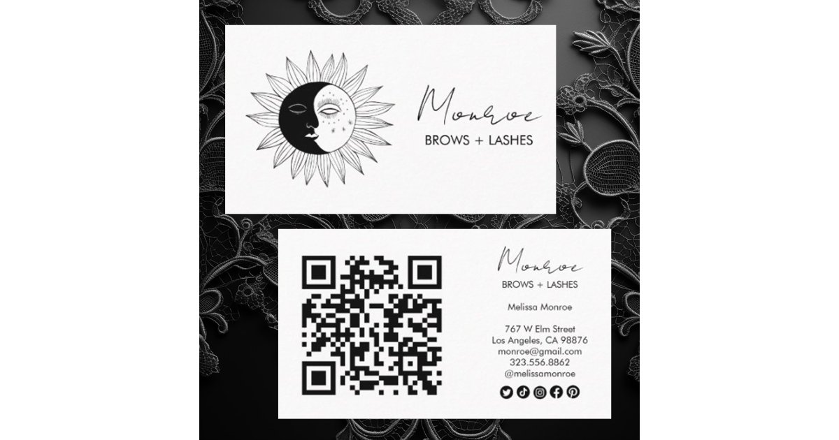 Sun & Moon Boho Line Art Elegant QR Social Icons Business Card | Zazzle