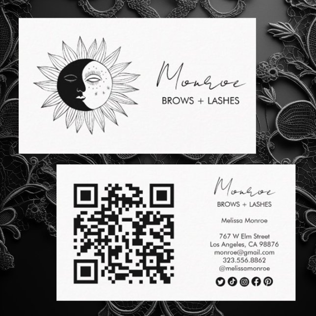 Sun & Moon Boho Line Art Elegant QR Social Icons Business Card (Sun moon custom business card design with QR code and social media icons)