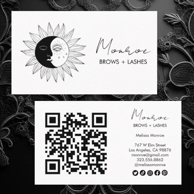 Sun & Moon Boho Line Art Elegant QR Social Icons Business Card | Zazzle