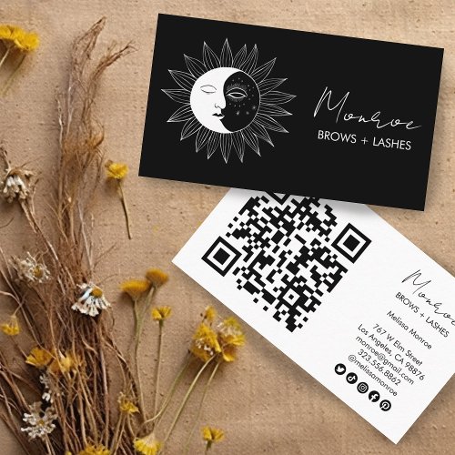 Sun  Moon Boho Line Art Elegant QR Social Icons Business Card