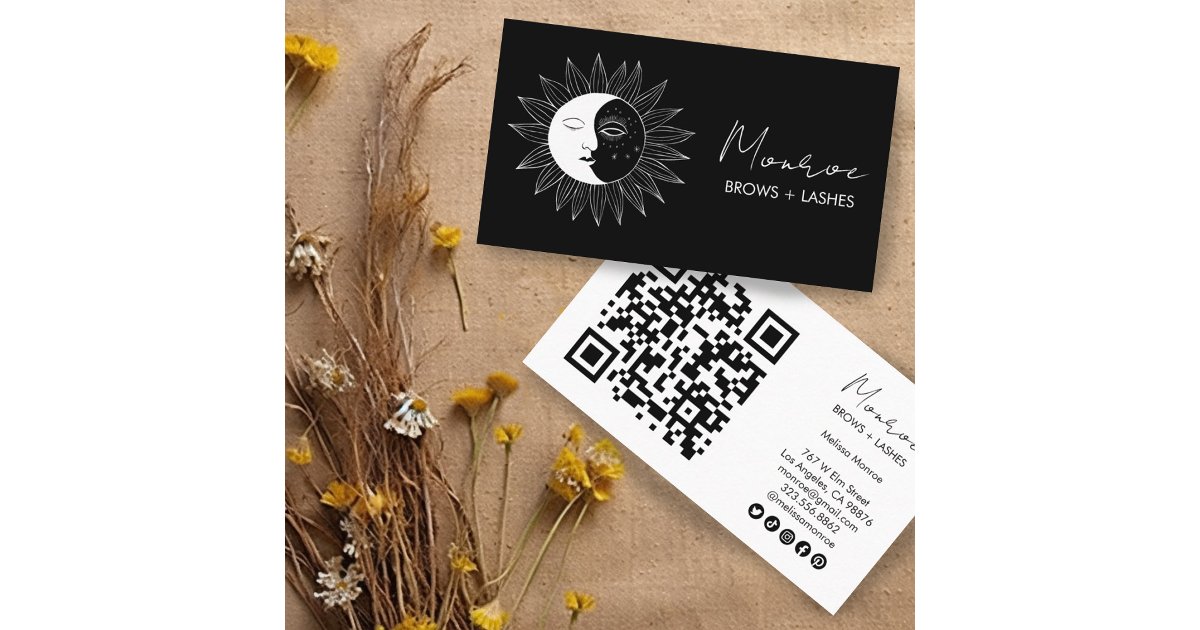 Sun & Moon Boho Line Art Elegant QR Social Icons Business Card | Zazzle