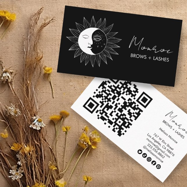 Sun & Moon Boho Line Art Elegant QR Social Icons Business Card (Line art of moon and sun on one side and QR code and social media icons on the other. Customize it!)