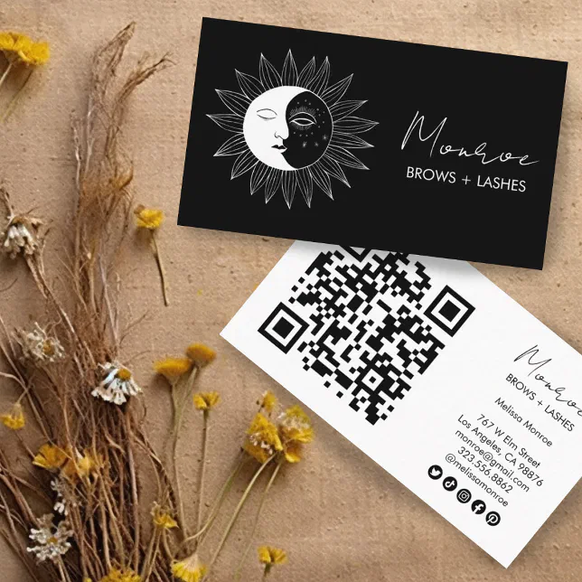 Sun & Moon Boho Line Art Elegant QR Social Icons Business Card | Zazzle