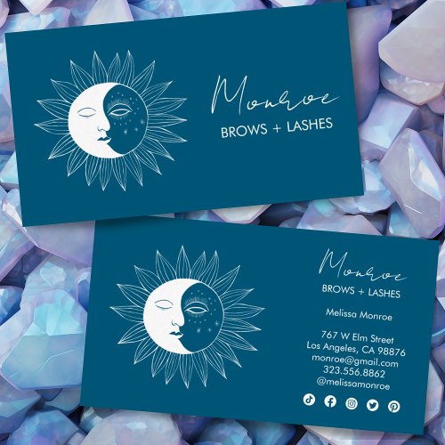 Sun  Moon Boho Line Art Elegant Teal Social Icons Business Card