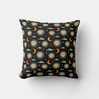 Sun- Moon- Cloud pattern - Mayan style - black Throw Pillow
