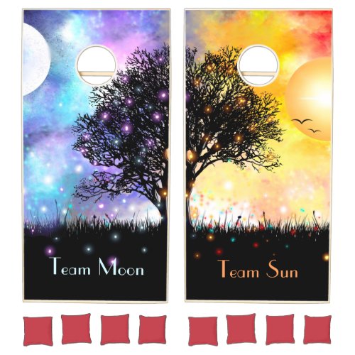 Sun moon cosmic sky with silhouette trees cornhole set