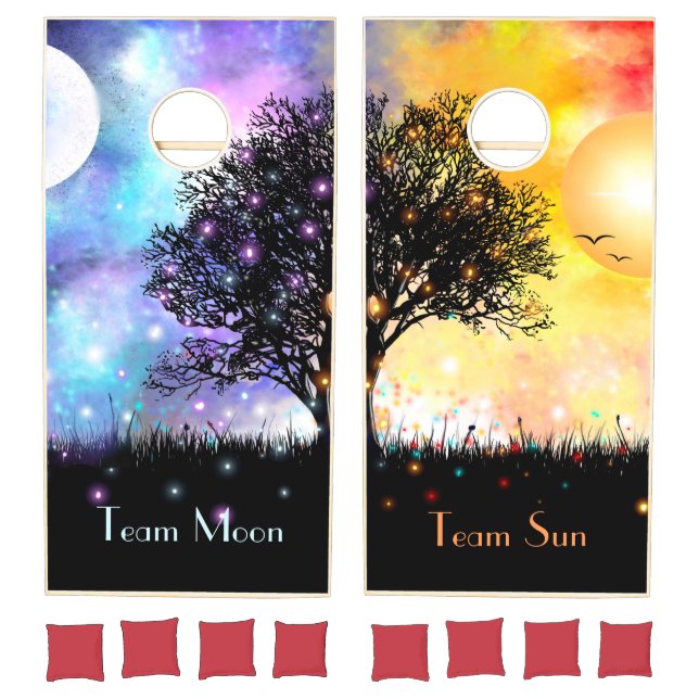 Sun moon cosmic sky with silhouette trees cornhole set (Set)