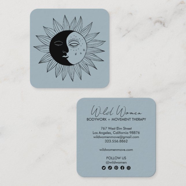 Sun & Moon Elegant Boho Line Art Social Media Icon Square Business Card (Front/Back)