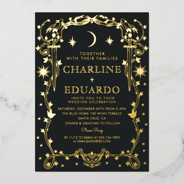 Sun &Moon Golden Ivy Ornament  Wedding  Invitation Foil Invitation (Front)