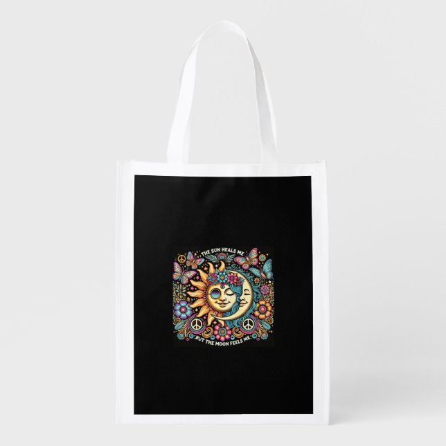 Sun Moon Heals Feels Boho Reusable Grocery Bag (Front)