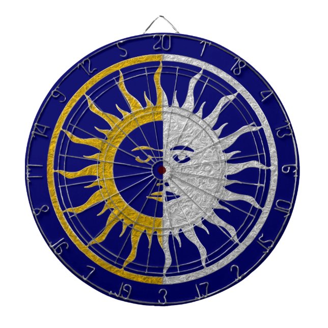 SUN & MOON in gold & silver Dartboard With Darts (Front)