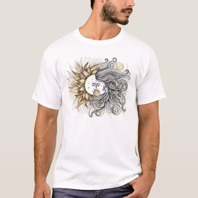 Sun & Moon Lovers – Celestial Romantic Line Art T-Shirt (Front)