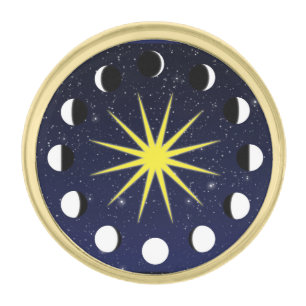 Sun, Moon Phases & Stars Gold Finish Lapel Pin