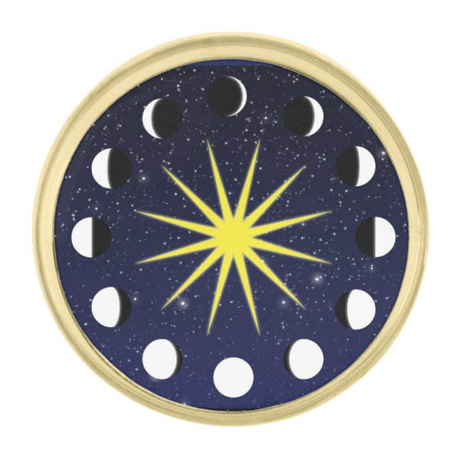 Sun, Moon Phases & Stars Gold Finish Lapel Pin (Front)