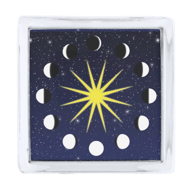 Sun, Moon Phases & Stars Silver Finish Lapel Pin (Front)