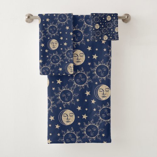 Sun  Moon Retro Magic Navy Blue Vintage Celestial Bath Towel Set