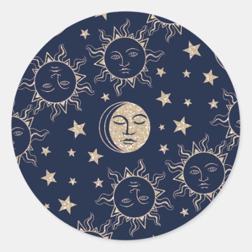 Sun  Moon Retro Magic Navy Blue Vintage Celestial Classic Round Sticker