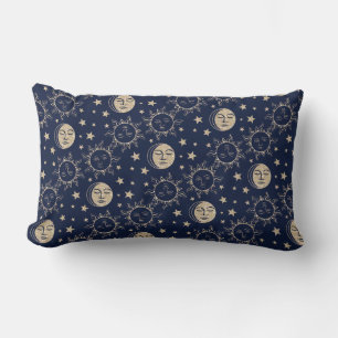 Sun & Moon Retro Magic Navy Blue Vintage Celestial Lumbar Pillow