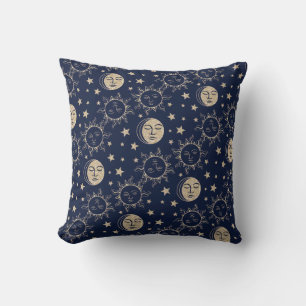 Sun & Moon Retro Magic Navy Blue Vintage Celestial Throw Pillow