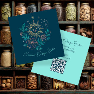 Sun Moon & Roses Magical Boho Colorful CUSTOM QR Square Business Card