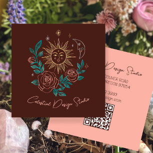 Sun Moon & Roses Magical Boho Colorful CUSTOM QR Square Business Card