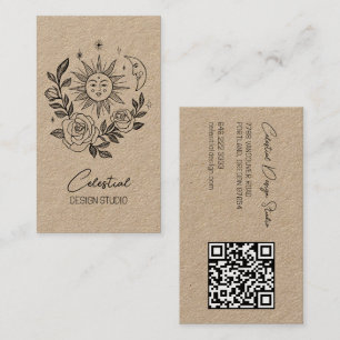 Sun Moon & Roses Magical Boho KRAFT CUSTOM QR Business Card