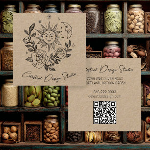 Sun Moon & Roses Magical Boho KRAFT CUSTOM QR Square Business Card