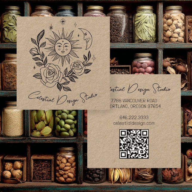 Sun Moon & Roses Magical Boho KRAFT CUSTOM QR  Square Business Card (Sun Moon & Roses Magical Boho KRAFT CUSTOM QR Square Business Card
)