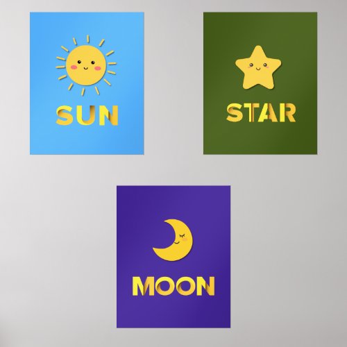 Sun Moon Star Cute Kids Nursery Decor Wall Art Set