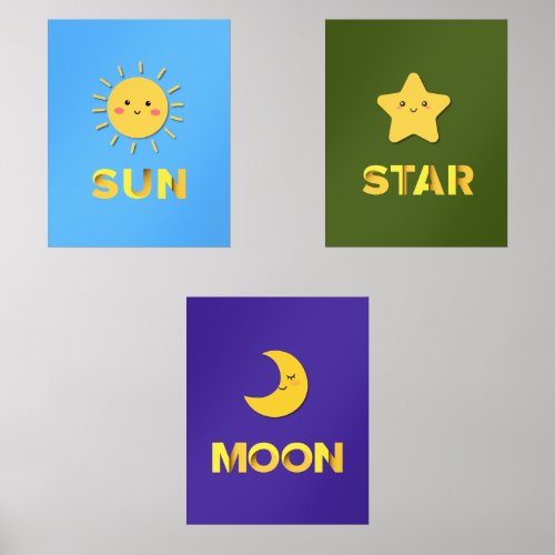 Sun Moon Star Cute Kids Nursery Decor Wall Art Set