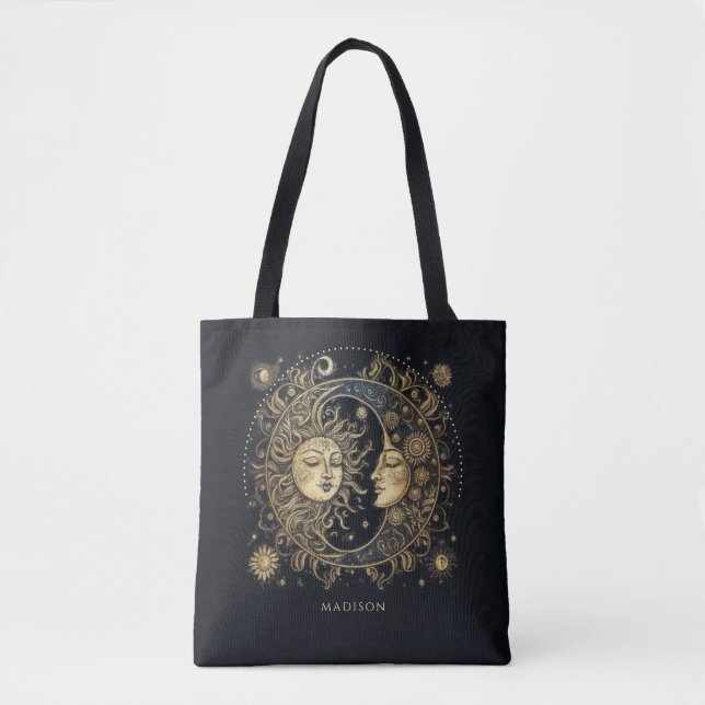 Sun Moon Stars Celestial Personalized Black Tote Bag (Front)