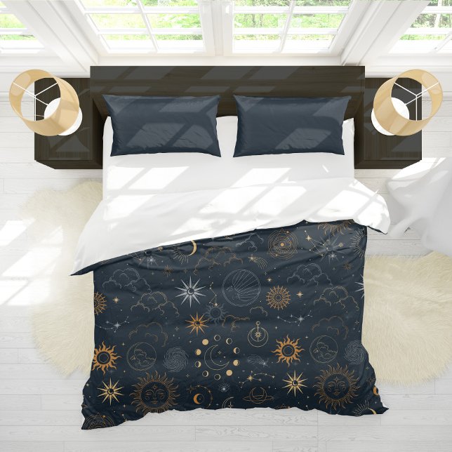 Sun Moon Stars Dark Celestial Pattern Duvet Cover (Creator Uploaded)