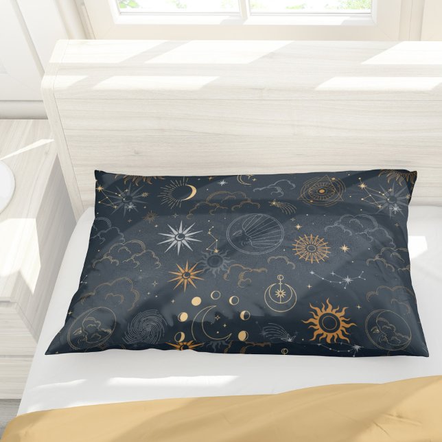 Sun Moon Stars Dark Celestial Pattern Pillow Case (Creator Uploaded)