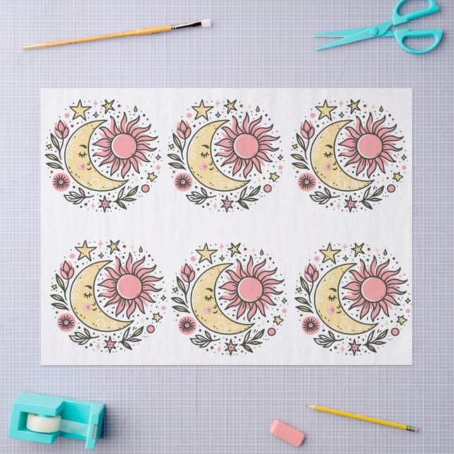 Sun Moon Stars Floral Pink Yellow Decoupage Tissue Paper (Craft)
