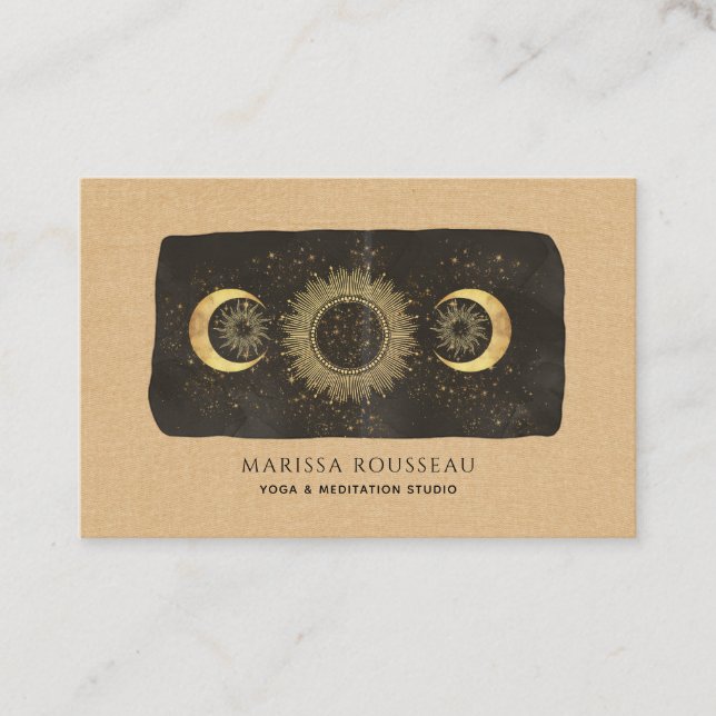 Sun Moon Stars Gold Caramel Yoga Studio  Business Card (Front)