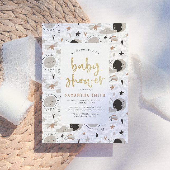 Sun, Moon & Stars Gold Gender Neutral Baby Shower Invitation (Creator Uploaded)