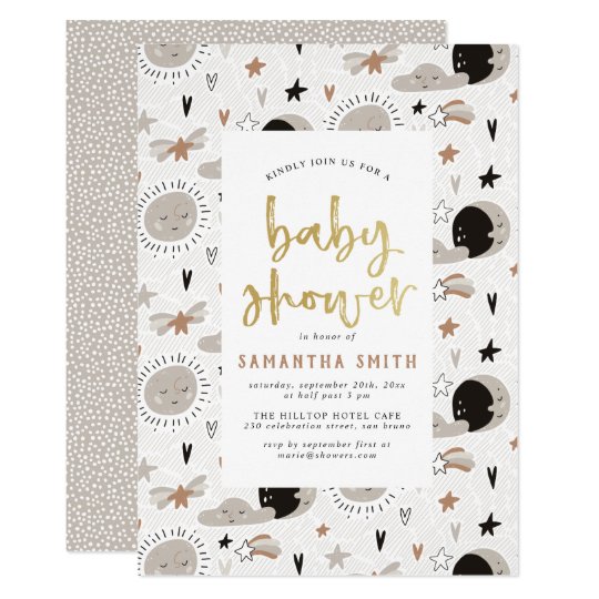 Sun Moon Stars Gold Gender Neutral Baby Shower Invitation