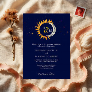 Sun Moon Stars Monogram Navy Blue Wedding Invitation
