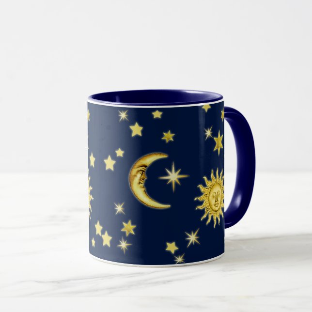Sun, Moon & Stars on Dark Blue Mug (Front Right)