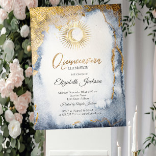 Sun,Moon,Stars Watercolor Gold Quinceanera Invitation