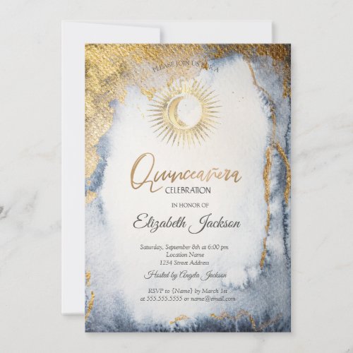 SunMoonStars Watercolor Gold Quinceanera Invitation