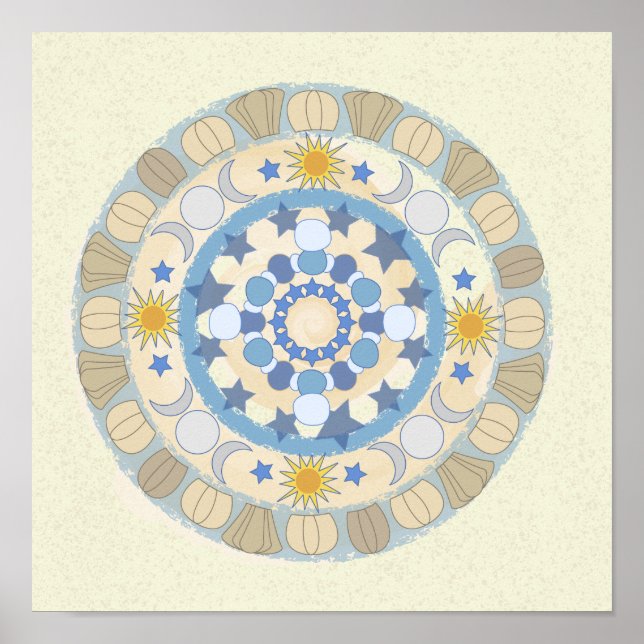 Sun Moon Stars Yellow and Blue Mandala Print (Front)