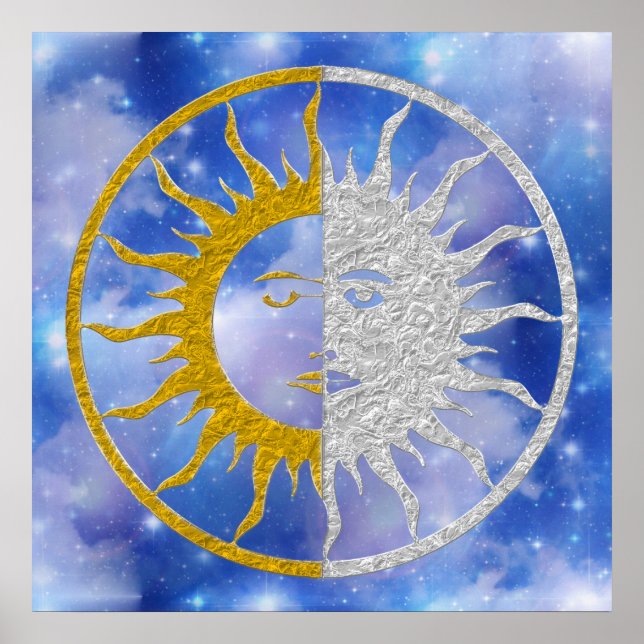 SUN & MOON Symbol - gold silver Sky Poster (Front)