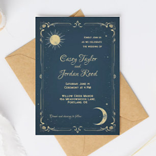Sun & Moon Vintage Blue Wedding Invitation